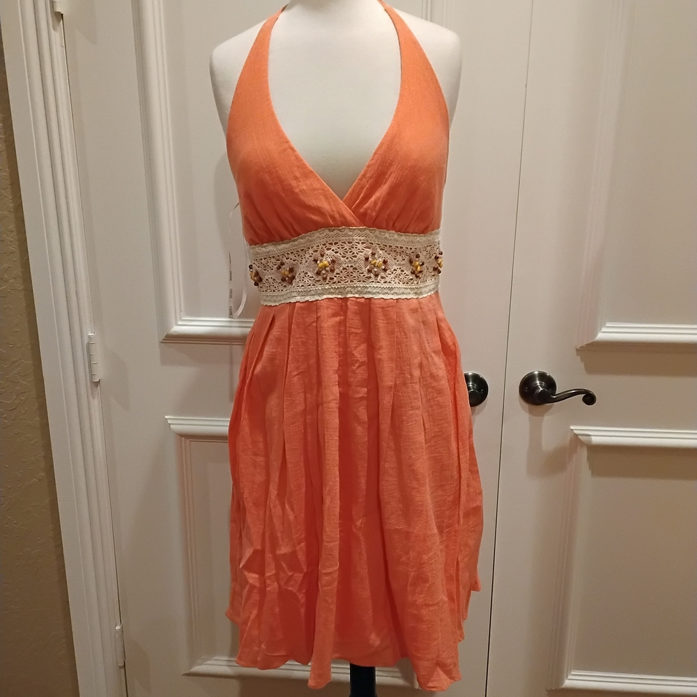 XOXO Coral Halter Dress with Crochet Waistband